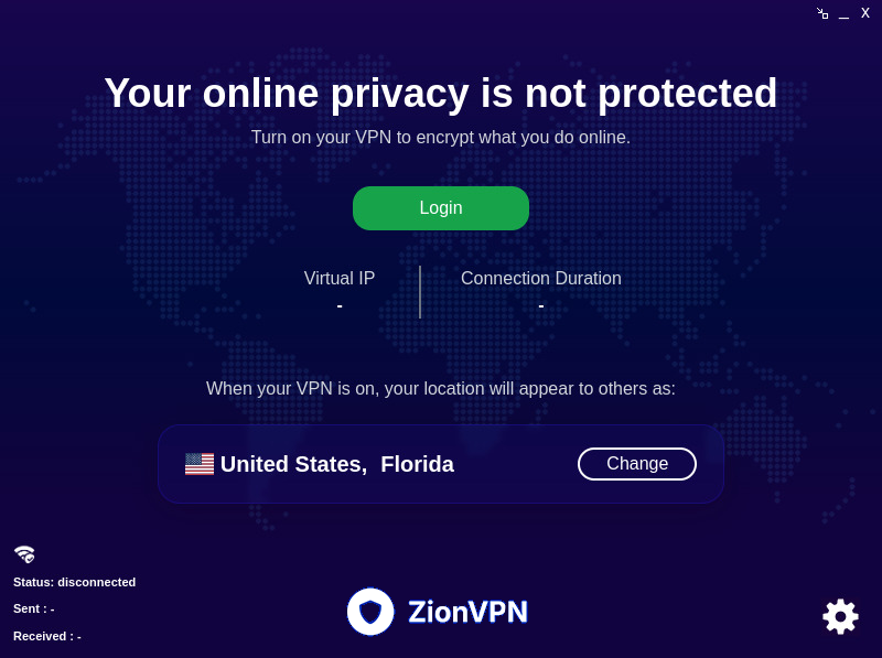 ZionVPN Login Screen